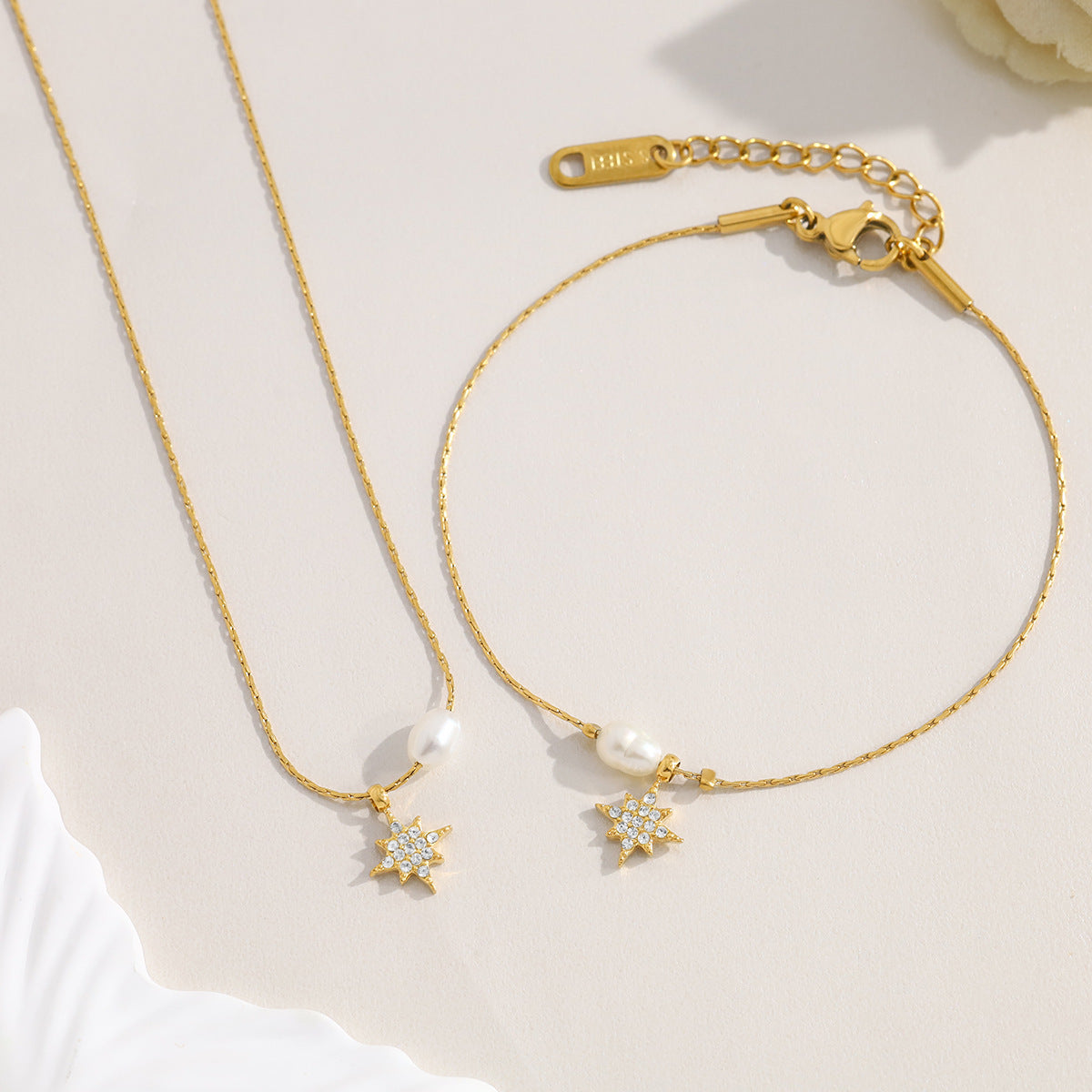 Elegant Pearl & Star Pendant Titanium Steel Necklace and Bracelet Set | Fashion Jewelry Set