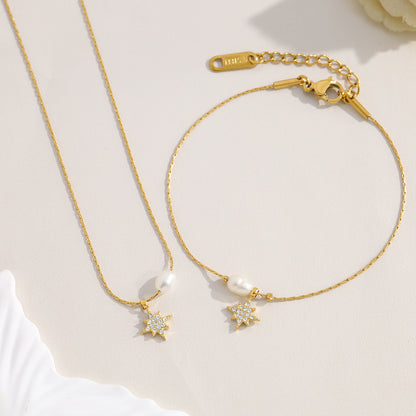 Elegant Pearl & Star Pendant Titanium Steel Necklace and Bracelet Set | Fashion Jewelry Set