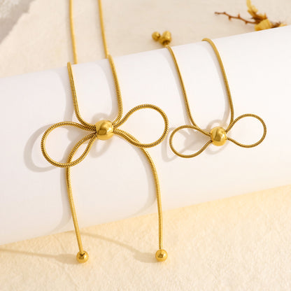 18K Gold Plated Stainless Steel Creative Tassel Bead Pull Butterfly Design Pendant Necklace Bracelet Set