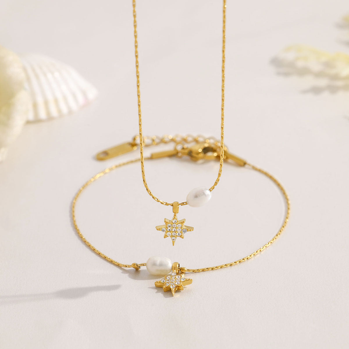 Elegant Pearl & Star Pendant Titanium Steel Necklace and Bracelet Set | Fashion Jewelry Set