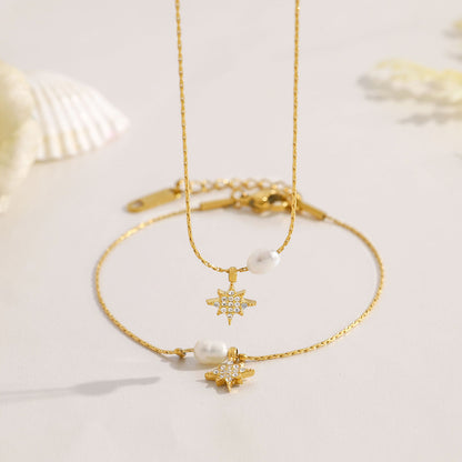 Elegant Pearl & Star Pendant Titanium Steel Necklace and Bracelet Set | Fashion Jewelry Set