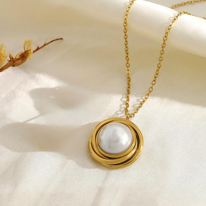 18K Gold Plated Titanium Steel Rose Flower Pearl Pendant Necklace - Fashion Luxurious Chain Jewelry