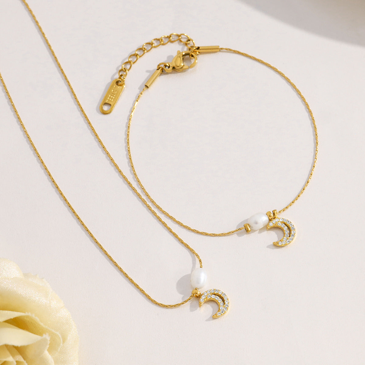 Elegant Freshwater Pearl & Moon Pendant Necklace & Bracelet Set