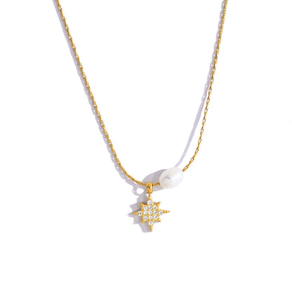 Elegant Pearl & Star Pendant Titanium Steel Necklace and Bracelet Set | Fashion Jewelry Set