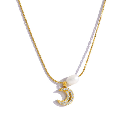Elegant Freshwater Pearl & Moon Pendant Necklace & Bracelet Set