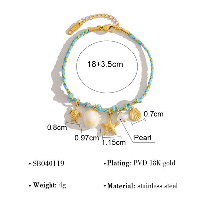 18K Gold Plated Titanium Steel Bohemian Woven Cord Ocean Element Pendant Necklace & Bracelet Set