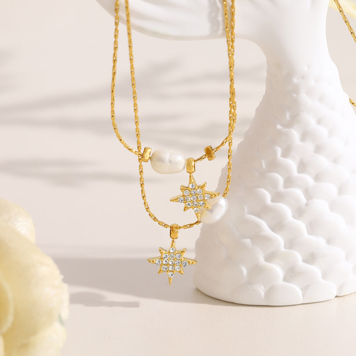 Elegant Pearl & Star Pendant Titanium Steel Necklace and Bracelet Set | Fashion Jewelry Set