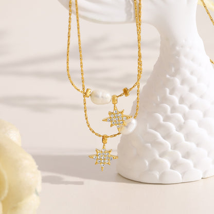 Elegant Pearl & Star Pendant Titanium Steel Necklace and Bracelet Set | Fashion Jewelry Set