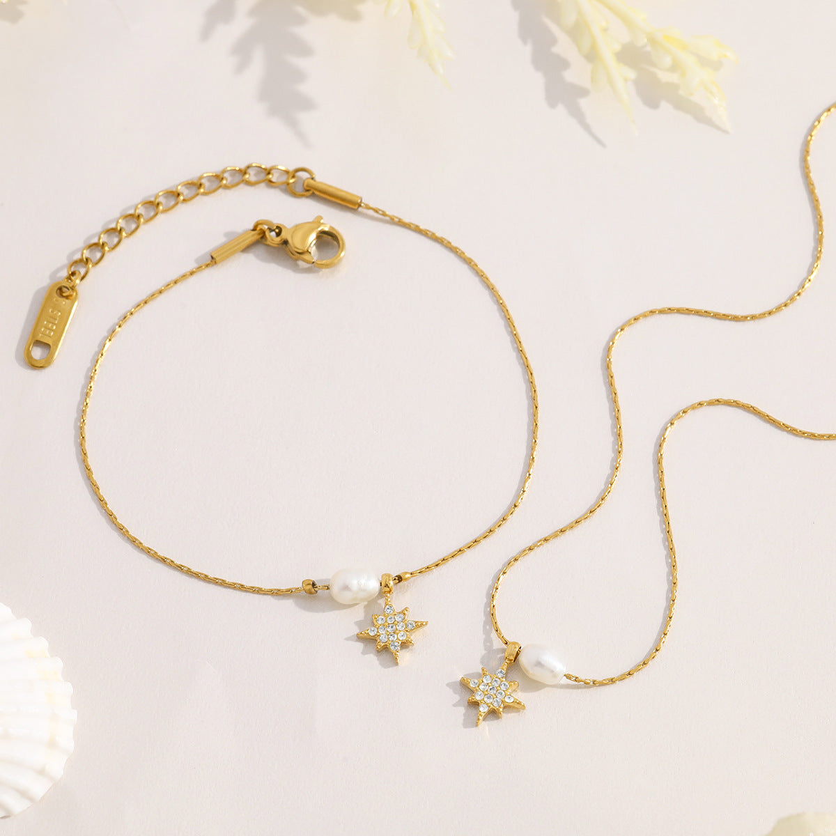 Elegant Pearl & Star Pendant Titanium Steel Necklace and Bracelet Set | Fashion Jewelry Set