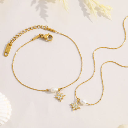 Elegant Pearl & Star Pendant Titanium Steel Necklace and Bracelet Set | Fashion Jewelry Set