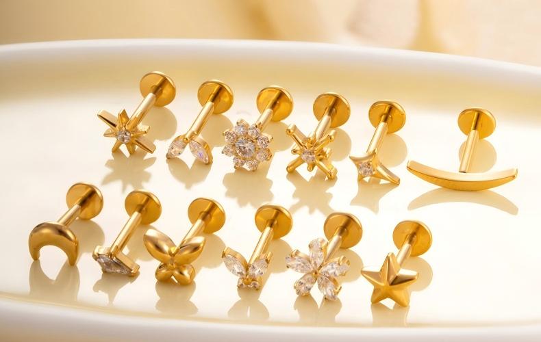 G23/F136 Titanium Moon & Star Push Pin Stud – Flat Base Lip & Ear Cartilage Piercing Jewelry | 12 Styles