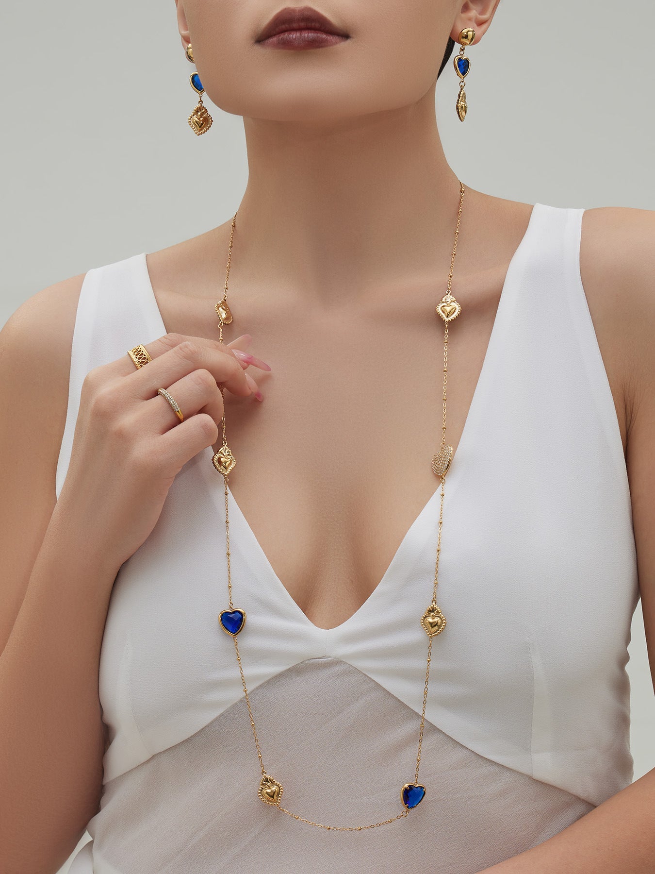 Sparkling Heart Glass Necklace & Earrings Set – Colorful Long Pendant Chain · Stainless Steel Hypoallergenic Jewelry