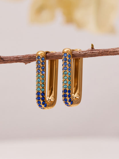 Stainless Steel Long U-Shaped Hoop Earrings with 5A Zircon – Elegant Colorful Statement Fashion Jewelry