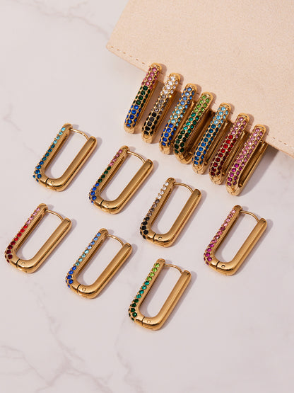 Stainless Steel Long U-Shaped Hoop Earrings with 5A Zircon – Elegant Colorful Statement Fashion Jewelry