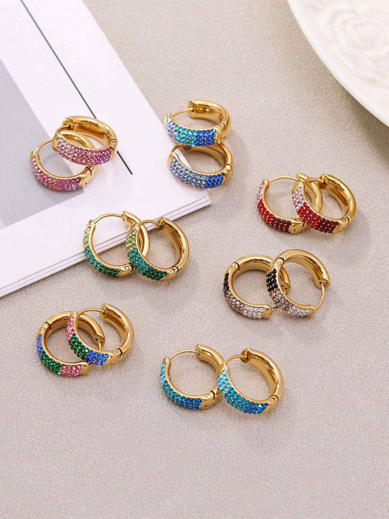 Stainless Steel Geometric Round Zircon Earrings – Multicolor Sparkle Hoop Earrings | WANTI Jewelry
