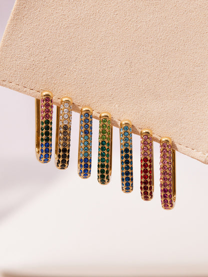 Stainless Steel Long U-Shaped Hoop Earrings with 5A Zircon – Elegant Colorful Statement Fashion Jewelry