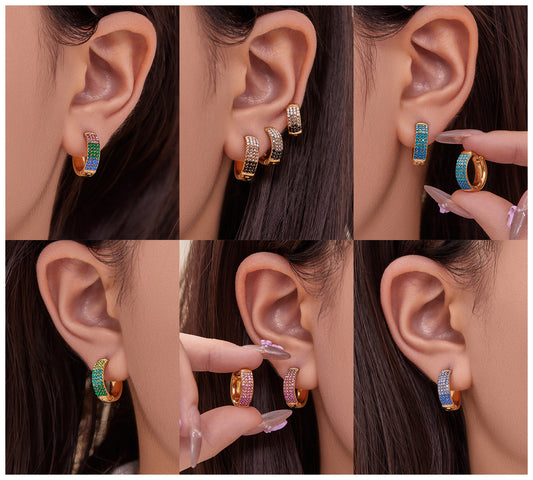 Stainless Steel Geometric Round Zircon Earrings – Multicolor Sparkle Hoop Earrings | WANTI Jewelry