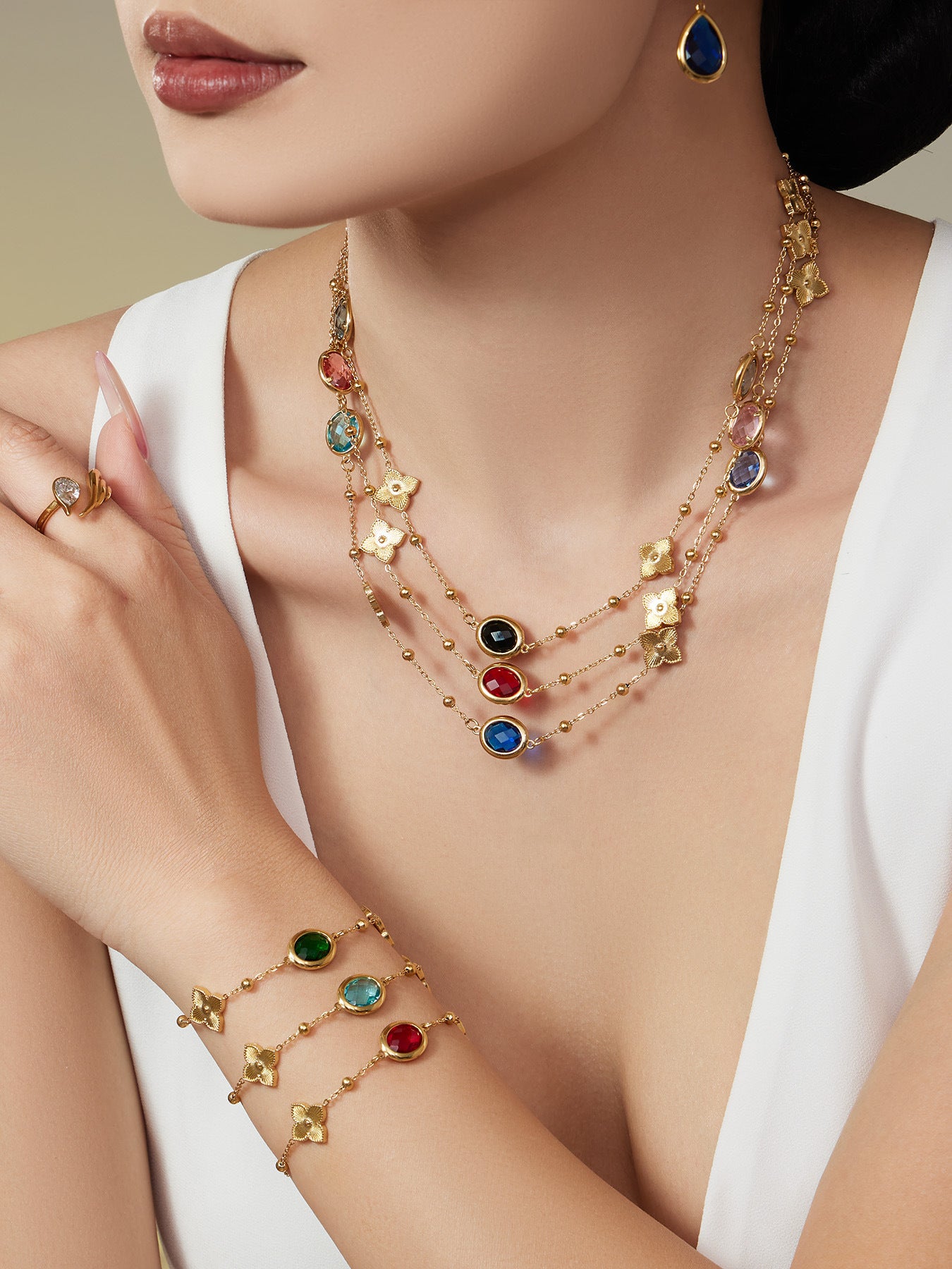 Stainless Steel Oval Gemstone Jewelry Series – Long Pendant Necklace · Bracelet · Drop Earrings | WANTI Jewelry