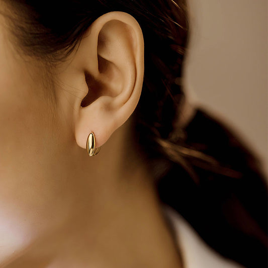 14K Solid Gold Coffee Bean Oval Earrings – Minimalist Everyday Hoop Pair