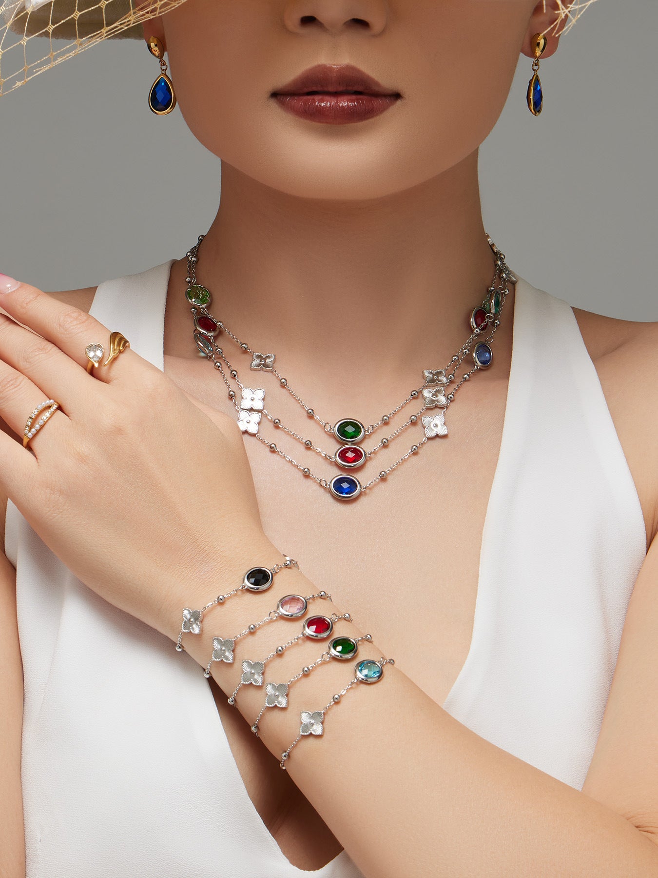 Stainless Steel Oval Gemstone Jewelry Series – Long Pendant Necklace · Bracelet · Drop Earrings | WANTI Jewelry