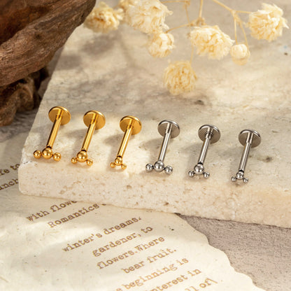 ASTM F136 Titanium Triple Bead Threadless Labret Stud – Push Pin Flat Back Cartilage & Lip Piercing