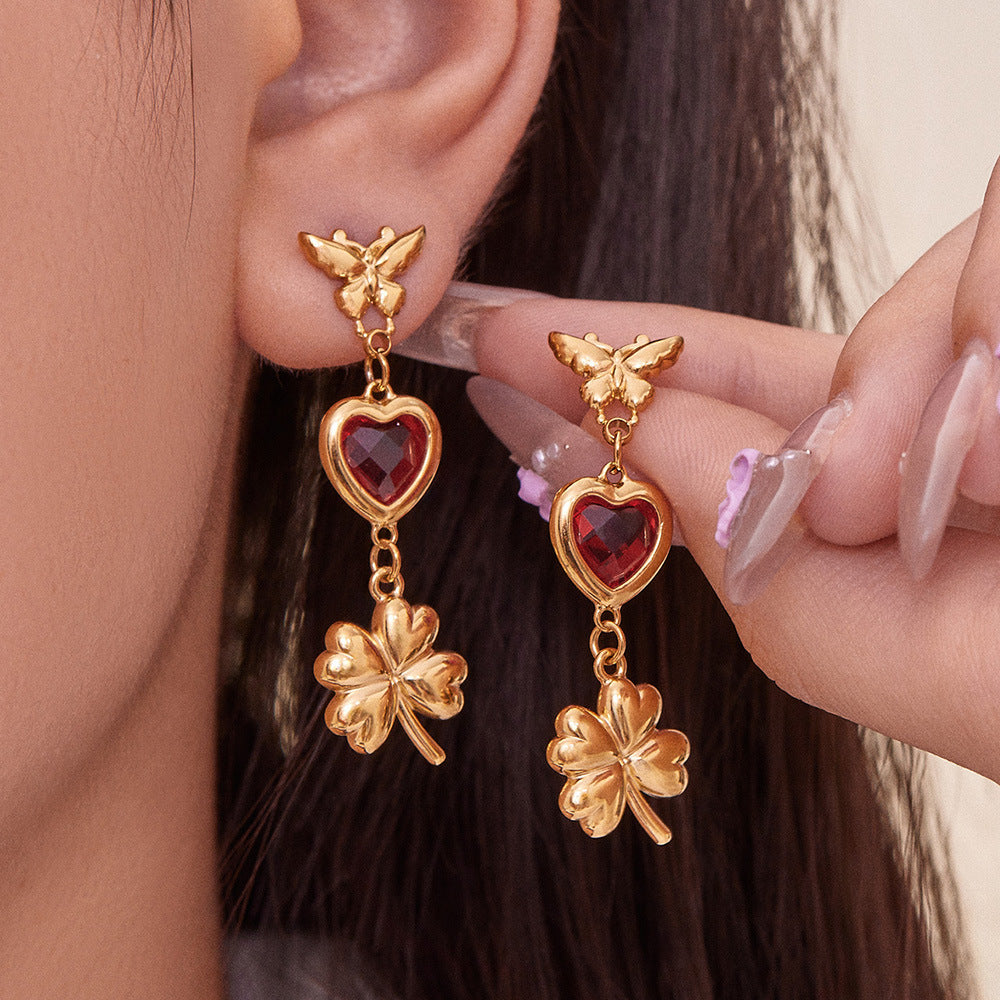 3D Butterfly & Clover Dangle Earrings with Heart Cubic Zirconia | Fashion Drop Earrings Set