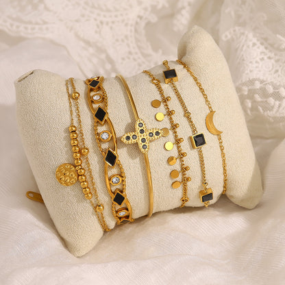 18K Gold Plated Titanium Steel Crystal Moon & Cross Pendant Bracelet | Elegant Fashion Jewelry