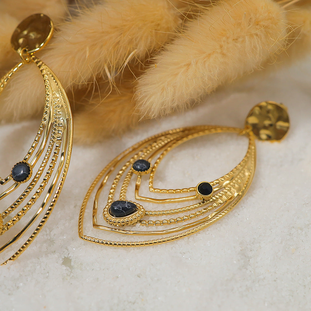 Stainless Steel Vintage Leaf Earrings with Turquoise and Crystal – Retro Statement Dangle Earrings for Women