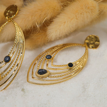 Stainless Steel Vintage Leaf Earrings with Turquoise and Crystal – Retro Statement Dangle Earrings for Women