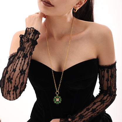 Gold Stainless Steel Christmas Snowflake Long Necklace – White, Green & Red Enamel Pendant Holiday Jewelry