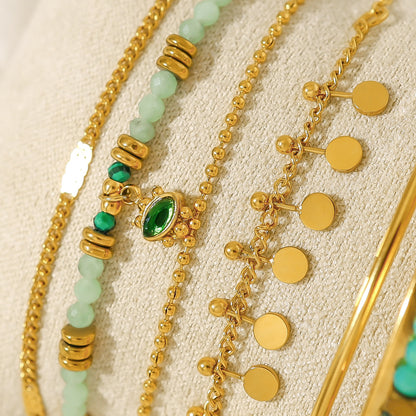 18K Gold Plated Stainless Steel Bohemian Natural Stone Beaded Evil Eye Bracelet | Layered Crystal Charm Bracelet Jewelry