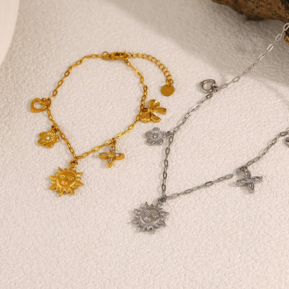 18K Gold Plated Titanium Steel Sunflower, Bow, Heart, and Four-Leaf Clover Layered Bracelet | Fashion Jewelry