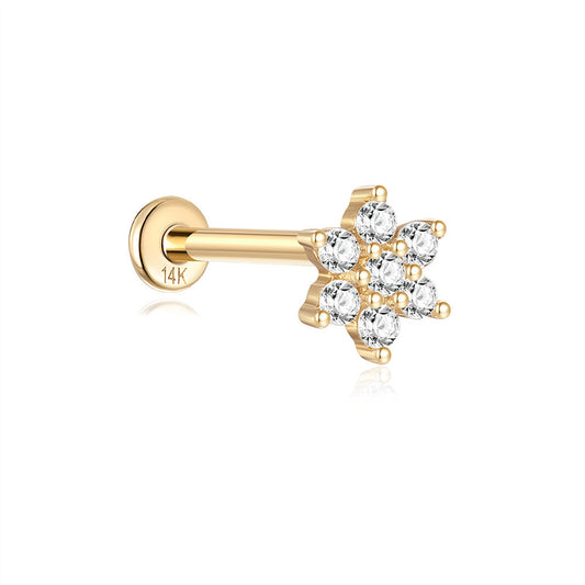 14K Gold Flower Threaded Stud Earrings with Zircon – Hypoallergenic & Secure Fit