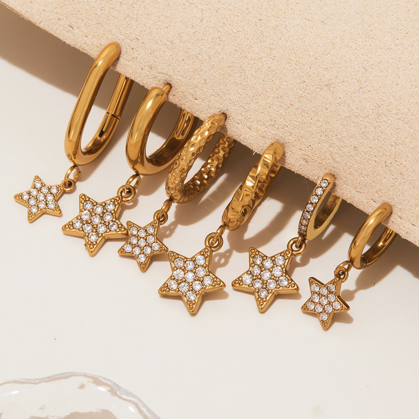 Gold Stainless Steel Five-Pointed Star Zirconia Hoop Earrings Set | Layered Star Earrings | High-Shine Statement Jewelry for Women