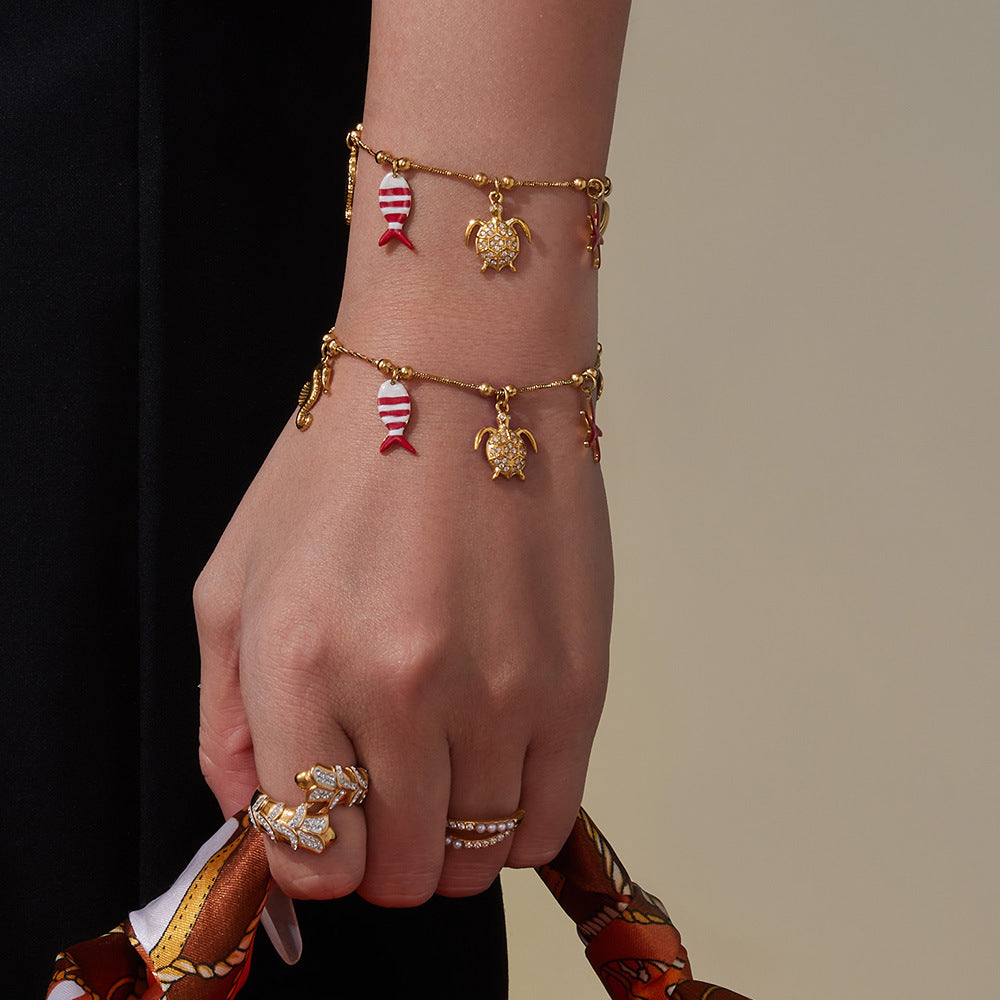 Coral Red Fish, Octopus & Turtle Pendant Jewelry Set – Stainless Steel Necklace, Bracelet, Anklet & Earrings | Trendy Ocean Style Accessories