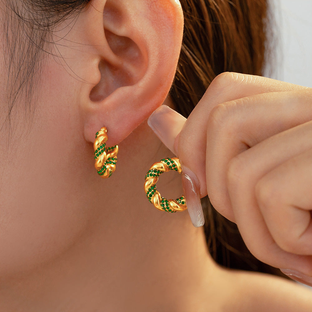 U-Shaped Stainless Steel Twisted Rhinestone Hoop Earrings | Modern Elegant Fashion Jewelry