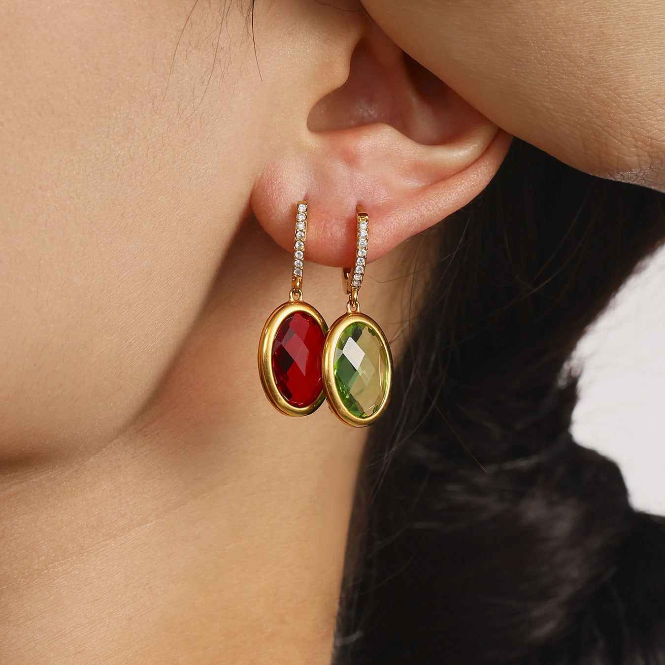 Colorful Oval Glass Stone Stainless Steel Drop Earrings – Elegant Lightweight Statement Jewelry | WANTI Jewelry
