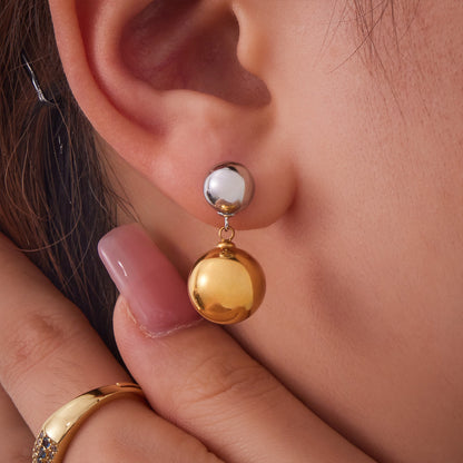 Stainless Steel Two-Tone Ball Drop Earrings – Minimalist Modern Dangle Studs | Fashion Jewelry
