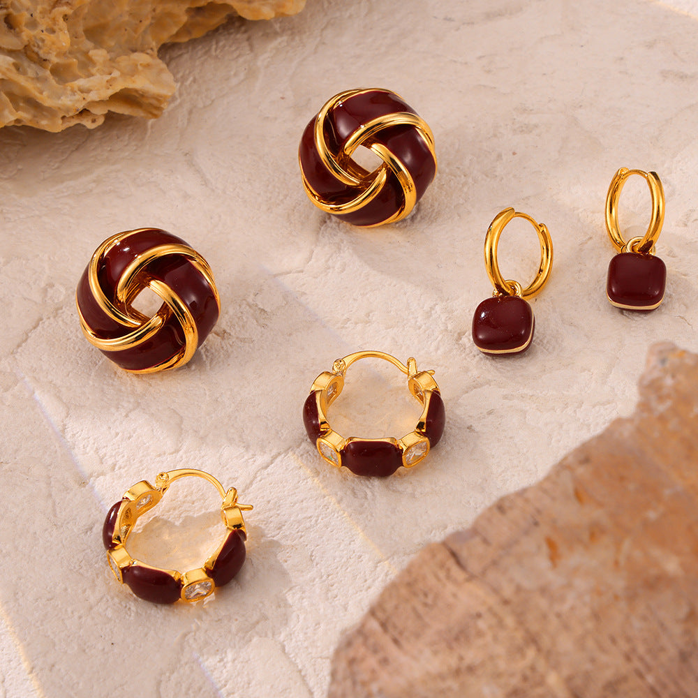 Vintage Weight Enamel Zircon Stud Earrings Set - Gold Stainless Steel Retro Jewelry