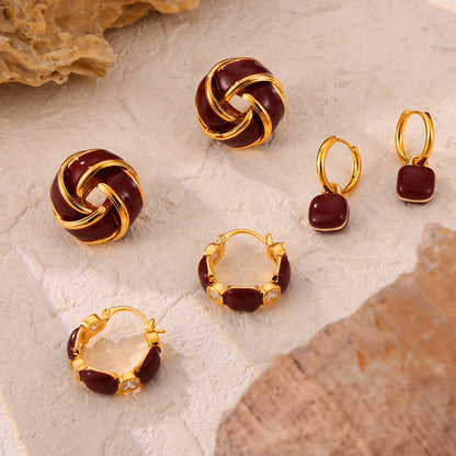 Vintage Weight Enamel Zircon Stud Earrings Set - Gold Stainless Steel Retro Jewelry