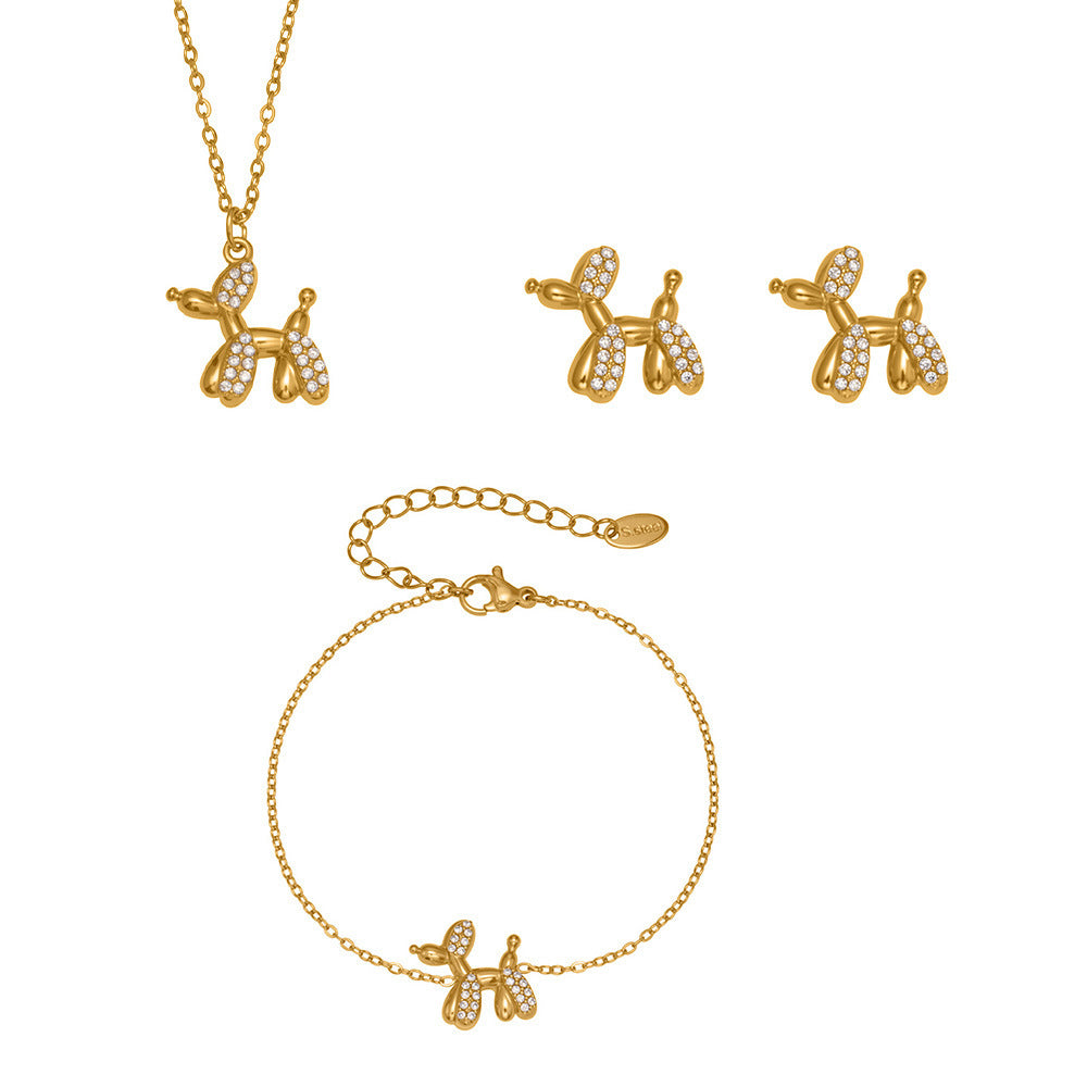Cute Dog Zircon Jewelry Set – Stainless Steel Necklace Bracelet Earrings | Fashion Accessories Gift Set