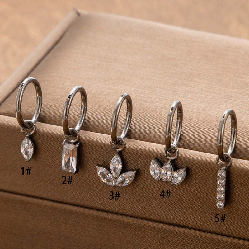Titanium Zirconia Dangle Piercing Earrings – One-Piece Clasp Design for Earlobe & Cartilage
