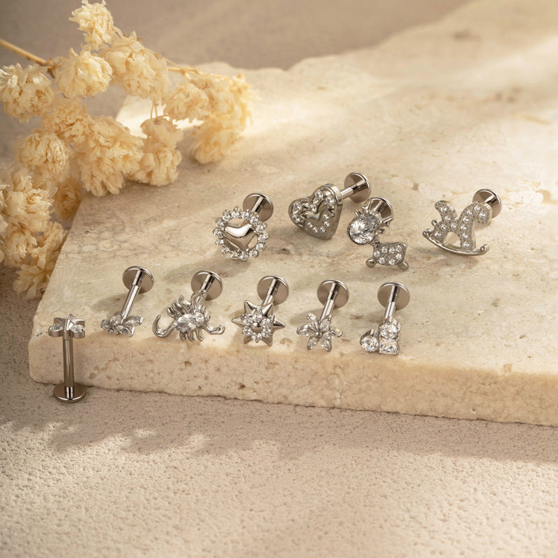 G23/F136 Titanium CZ Heart Flower Carousel Internal Thread Lip & Cartilage Stud | 10 Styles