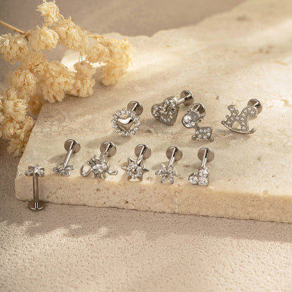 G23/F136 Titanium CZ Heart Flower Carousel Internal Thread Lip & Cartilage Stud | 10 Styles