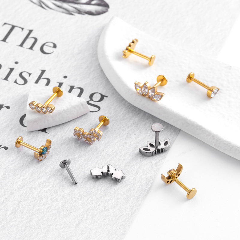 G23 Titanium Moon, Leaf & Flower CZ Studs for Cartilage Piercings | F136 Hypoallergenic Ear Bone Jewelry