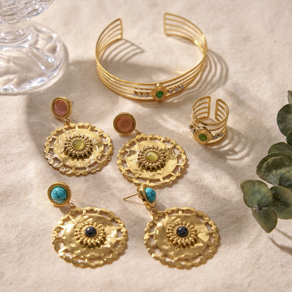 Natural Stone Floral Hoop Earrings – Stainless Steel Turquoise & Opal Drop Earrings for Women