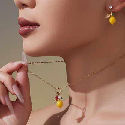 Stainless Steel Resin Lemon Zircon Pendant Necklace, Earrings, Bracelet & Ring Jewelry Set