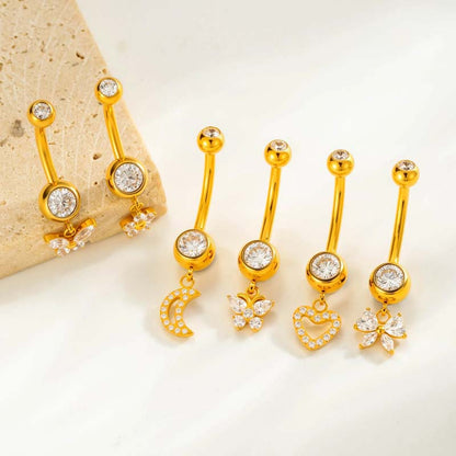 G23/F136 Titanium Internally Threaded Dangle Navel Ring with Zircon Charms — Butterfly, Moon, Flower, Heart & Snake Designs | Hypoallergenic Belly Button Piercing Jewelry