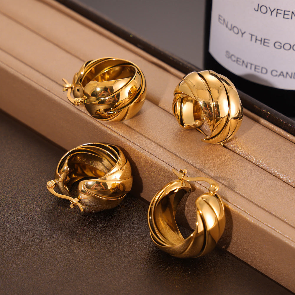 Twisted Rope Hoop Earrings – Vintage Gold Stainless Steel Chunky Ear for Women