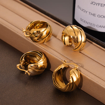 Twisted Rope Hoop Earrings – Vintage Gold Stainless Steel Chunky Ear for Women